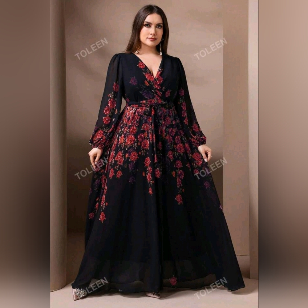 Holiday Plus Size Women's Floral Print V-Neck Long Sleeve Dress